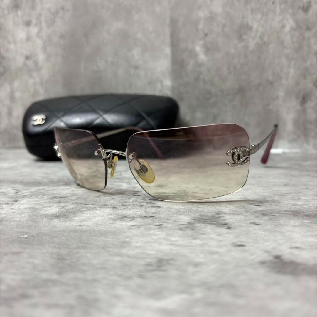 Chanel 4017-D Pink Rhinestone CC Logo Rimless Sunglasses with Case Free Shipping
