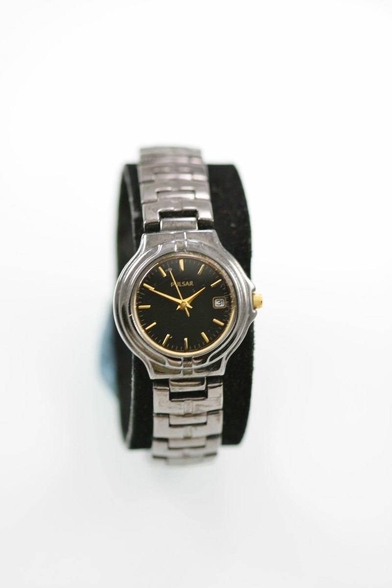 Pulsar Watch Womens Date Stainless Black Gold Steel Water Resist Battery  Quartz