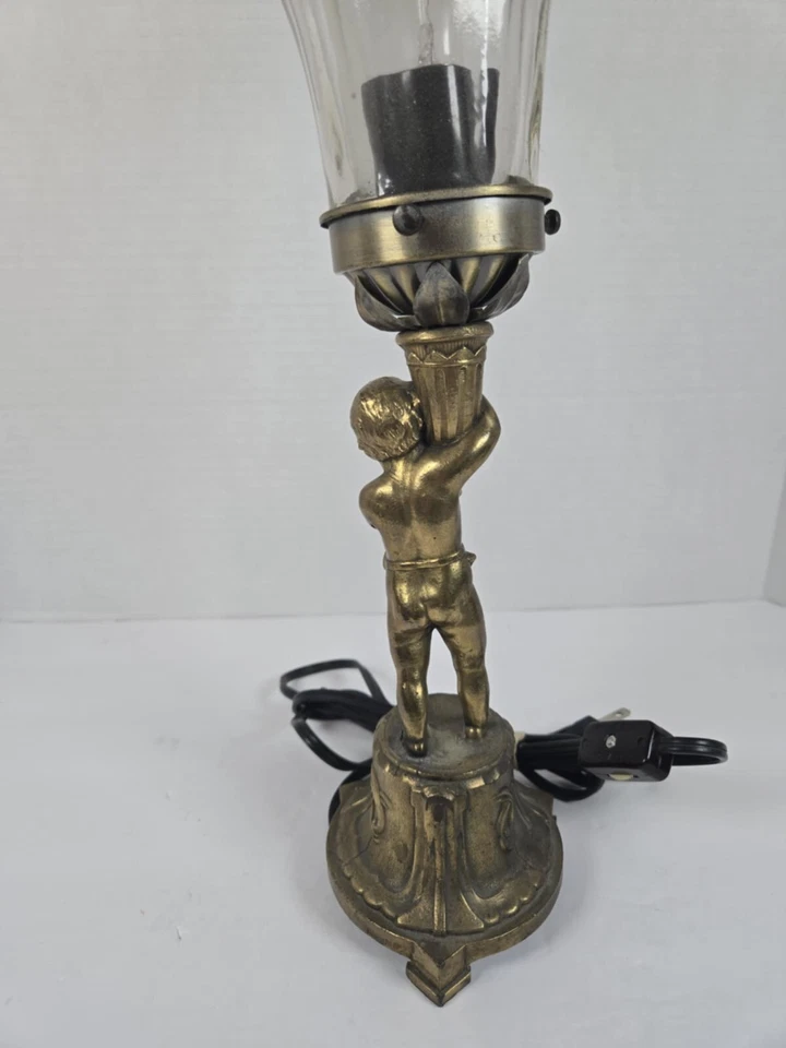 Antique German Brass Cherub Table Lamp – 12" Tall – Rococo Style – Rare - Image 3 of 4