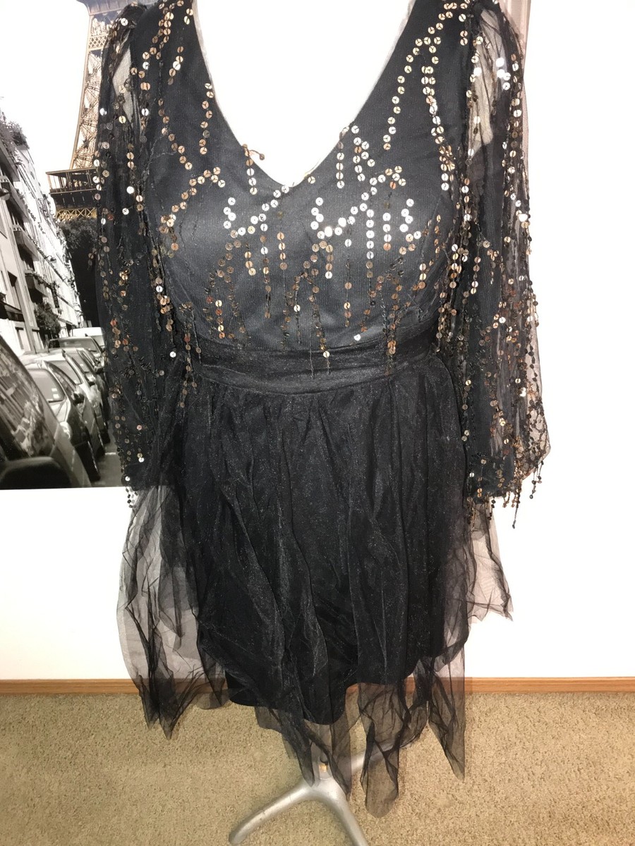 SHEIN BLACK TULLE EVENING DRESS WITH GOLD SEQUINS