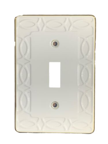 Vintage GE Decorator Single Light Switch Wall Plate White Detailed Gold Trim - Afbeelding 1 van 2