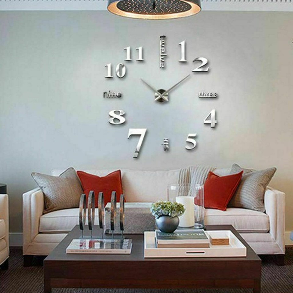 Modern Large Wall Clock 3D Mirror Sticker Unique Number Watch DIY Decor
