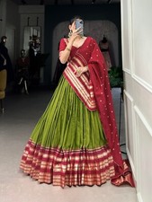 Latest New Pure Chanderi Mehendi Green Lehenga Choli With Dupatta For Reception