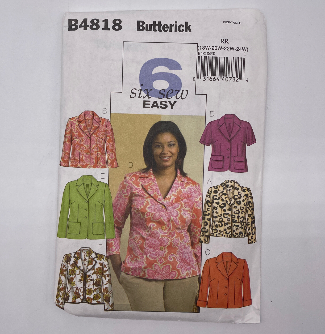 Butterick B4818 6 Easy Jackets Unlined 2 Lengths Sleeve Variations Plus 18W-24W