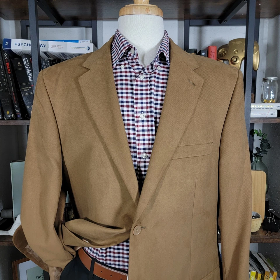 Alfani Men's Suede Sport Coat Blazer Two Button Carmel Brown Twill Polyester 44L - Image 2 of 4