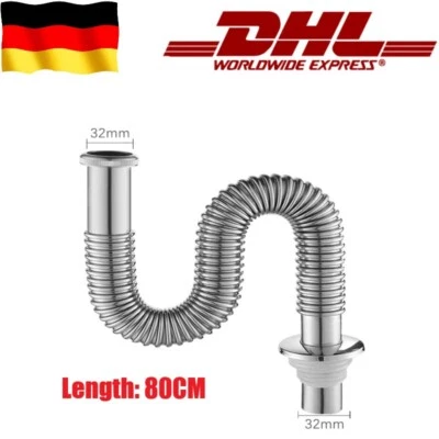 MARKENLOS 1 1/4" & 32mm Edelstahl Siphon Ablaufschlauch Waschbecken Spülenablauf lang 80cm