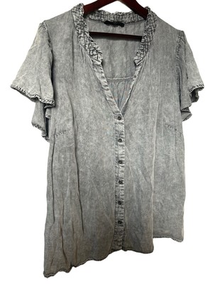 Jack by BB Dakota Delancy Ruffle Button Blouse | Washed Denim Look | Size 2X