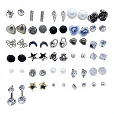 30 Pairs Women  s Silver-Tone Metal Stud Earrings Set   Rhinestone Fashion Design