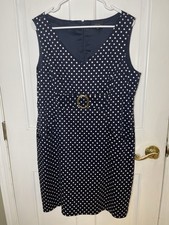 Tahari by Arthur S. Levine Navy White Polka Dot Sleeveless Dress V-Neck Sz 14P