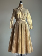 1950s VLV Vintage Sparkling Gold Lame Outfit Set Blouse Belt Skirt Pleated 14