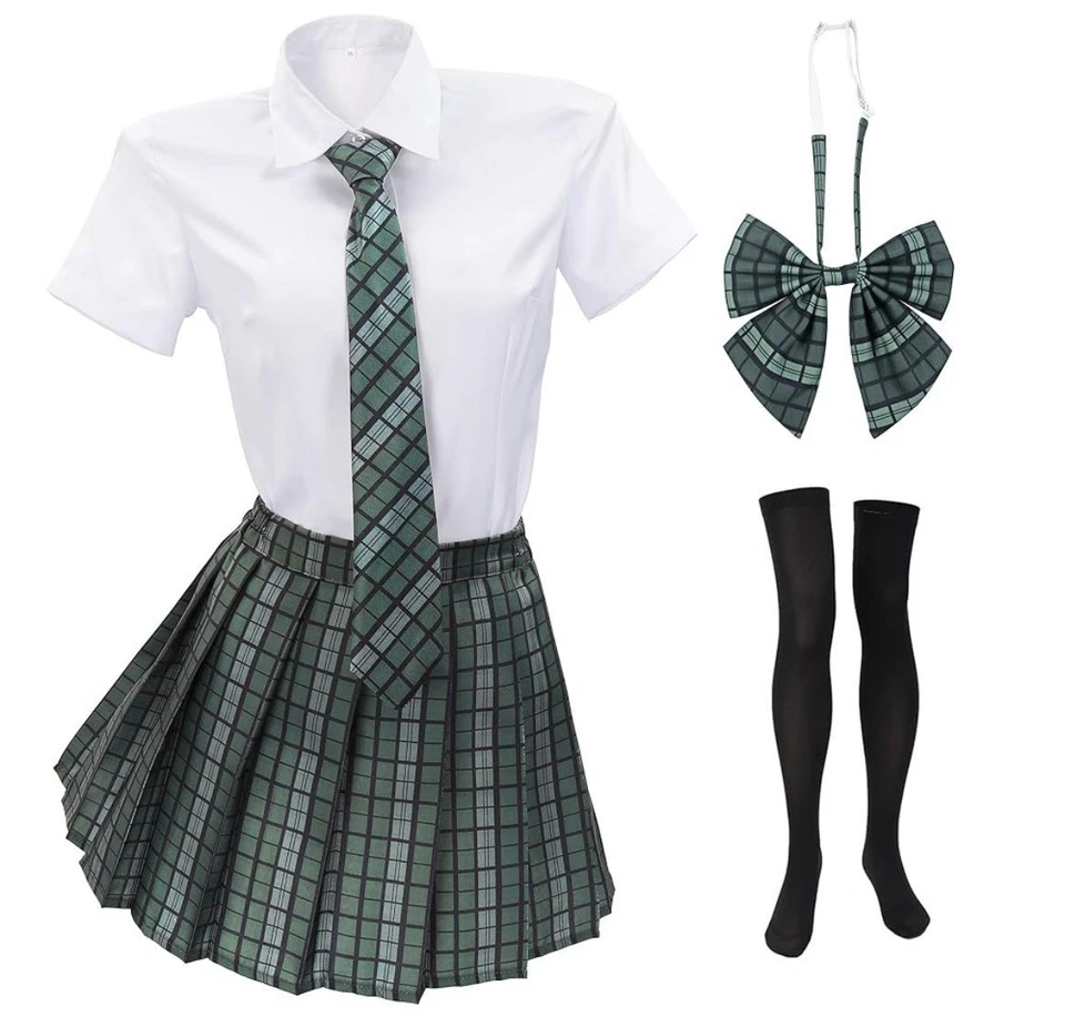 Plaid School Girl Costume Set M Includes Skirt Tie Bow & Black Thigh-High Stocki - Image 2 of 4