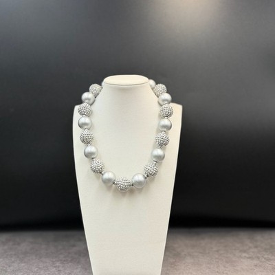 Vintage Chunky Bead Choker Silver Gray Matte Pave Ball Necklace Heart Clasp 16''