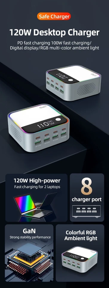 Зарядное устройство QC3.0 ЖК-дисплей цифровой 8 портов умное быстрое USB для телефона планшета ноутбука - Изображение 2 из 4