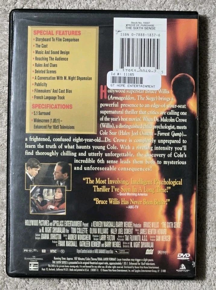 HOLLYWOOD PICTURES - THE SIXTH SENSE - DVD - 1999 - BRUCE WILLIS - TONI COLLETTE - Image 2 of 3