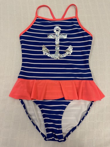 Cat & Jack Blue Stripe Skirted Flip Sequin Anchor One Piece Swimsuit L 10 12