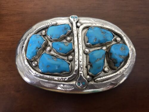 Effie Calavaza Vintage Zuni Sterling Silver Turquoise Snake Belt Buckle - 第 1/3 張圖片