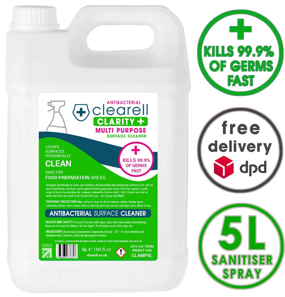 Clearell 5 Litres CLARITY Antibacterial Multi Purpose Sanitiser Surface Cleaner