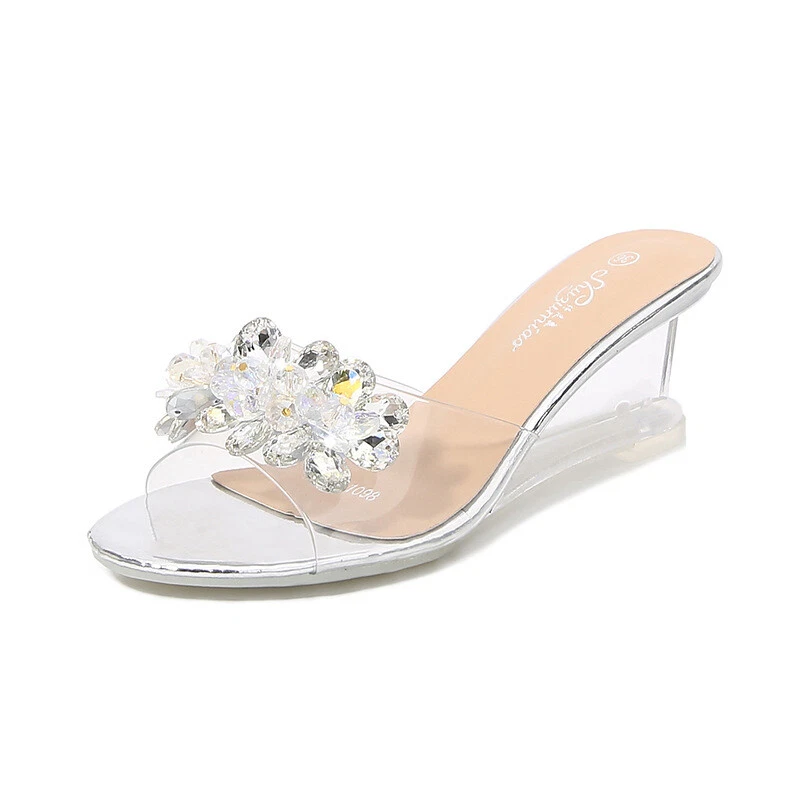 PANTOFOLA D’ORO Ciabatte donna zeppa tacco trasparente punta aperta slip on strass trasparenti scarpe