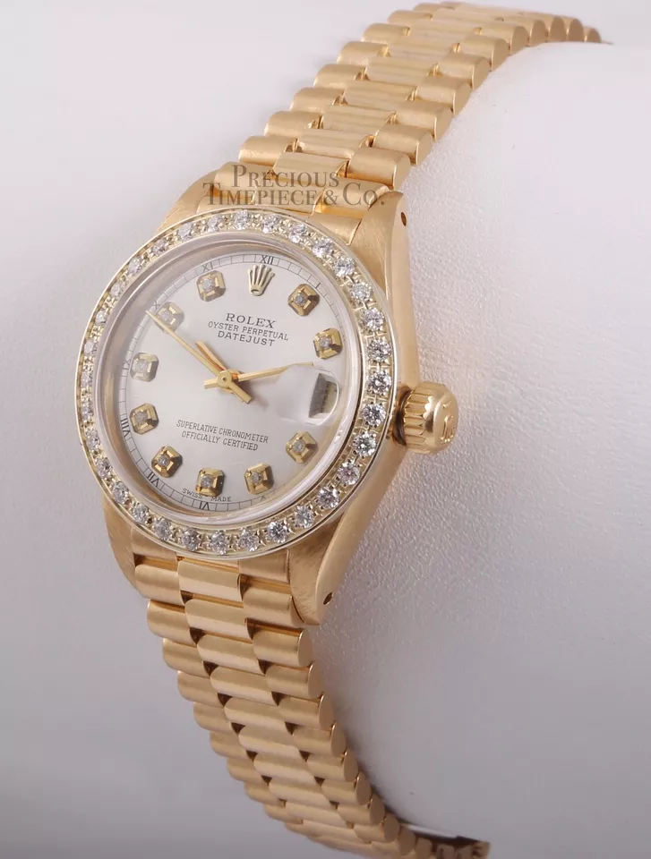 Rolex Lady Datejust 26 mm oro 18k President bisel de diamantes esfera plateada diamante Foto 2 de 4