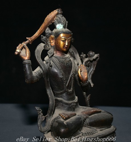 10" Old Tibet Tibetan Purple Bronze Gilt Wenshu Kwan-yin Guan Yin Statue - Picture 9 of 13