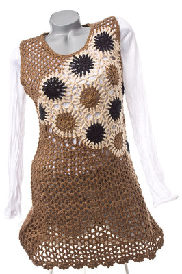 NEU DESIGNER HÄCKEL LONG TOP TUNIKA KLEID HÄNGERCHEN KARAMEL 38 40 42