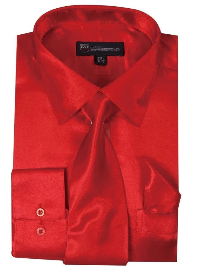 Men's Fashion Shiny Satin Dress Shirt With Tie And Handkerchief 10 colors SG08 - Image 2 of 4