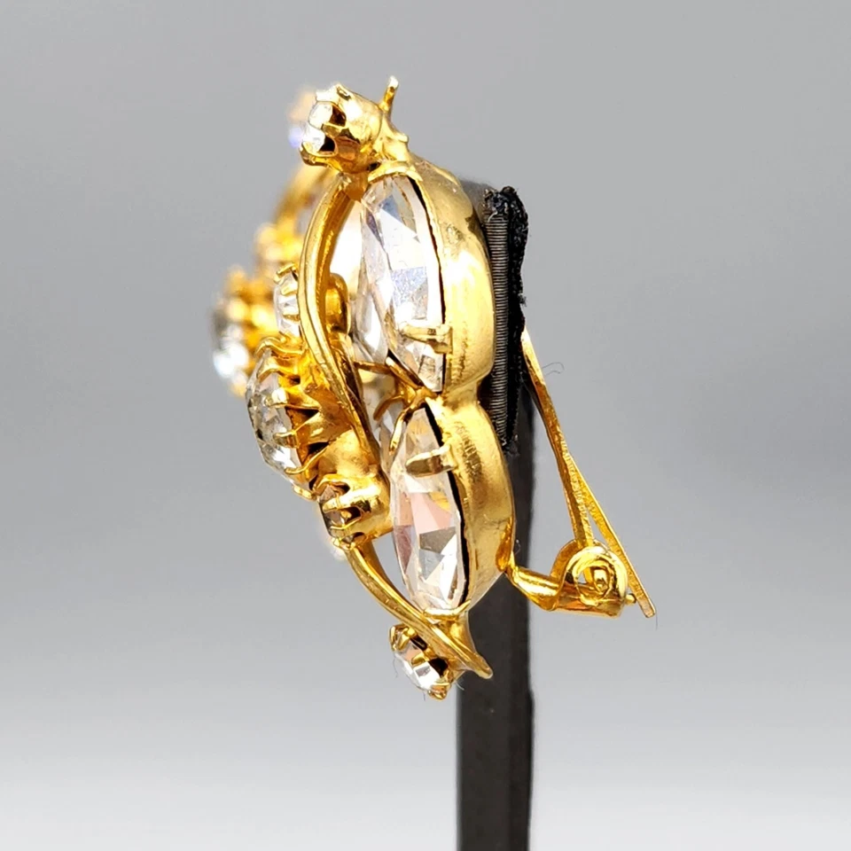 VTG Voluptuous Weiss Marquise Ice Rhinestone Sculpted Gold Plate Clip Earrings - image 4 of 4