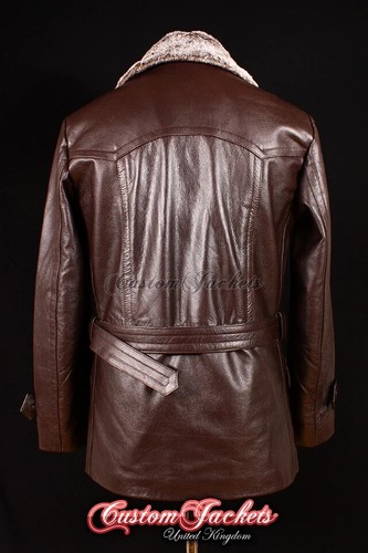 Men's FUR COLLAR German Jacket Pea-coat Real Cowhide Leather Brown - Picture 7 of 12