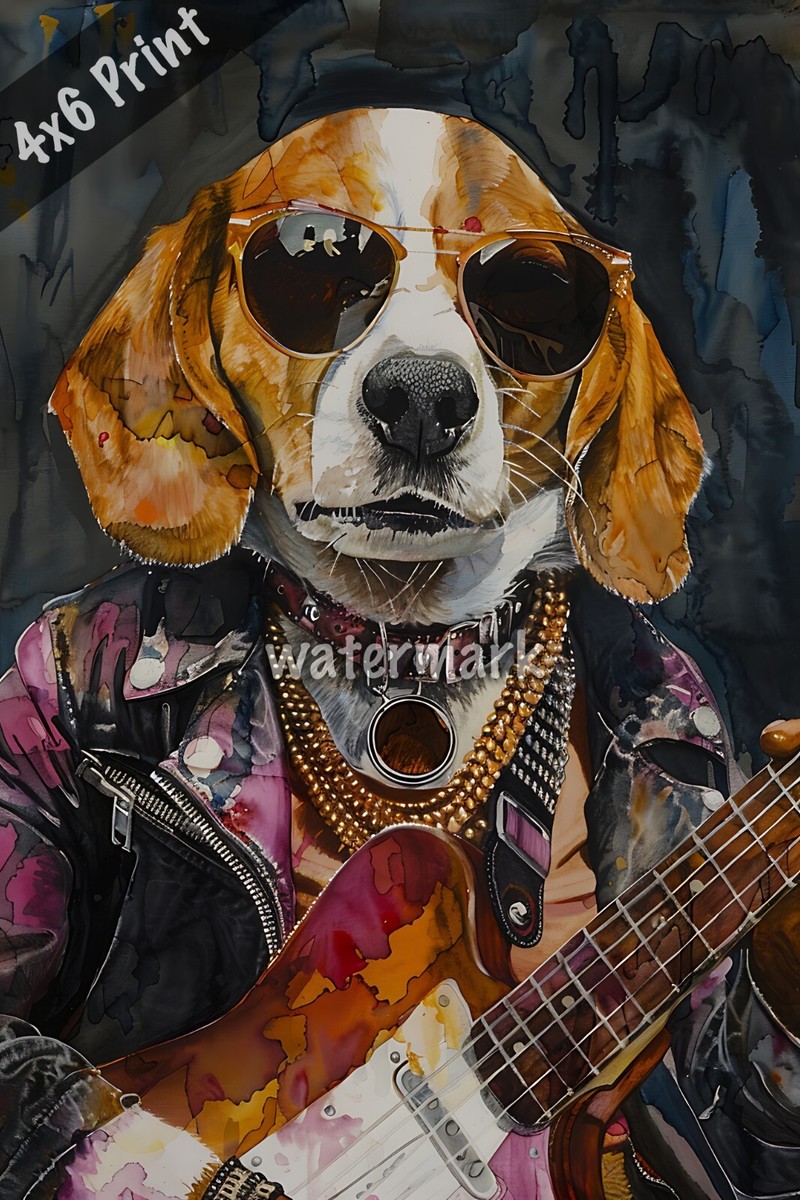 Dog Beagle dressed as a rock star watercolor Art 4x6 Print | eBay