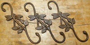 3 Cast Iron Victorian " S " Style DRAGONFLY Plant Hook Garden Hanger Wall Barn