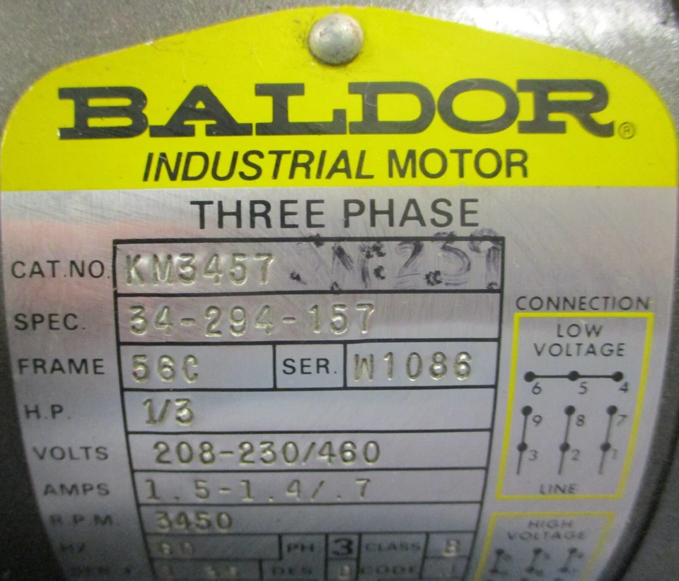 Baldor KM3457 3 Phase Motor 34-294-157 1/3HP 3450RPM 56C 60HZ 5/8" Shaft Dia - Image 4 of 4