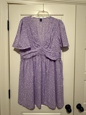 Women's Plus Sz 1X 14/16 Lavendar Floral Dress Flutter Slv Smocked Waist V-Neck