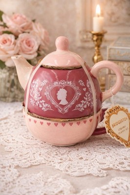 Bridgerton Stacking Teapot & Cup Set Pink Mauve Cameo NWT Small Chip