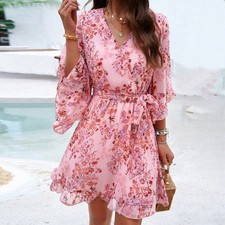 Women Chiffon Floral Dress Flare Sleeve V-neck Ruffle Tie Waist Summer Beach