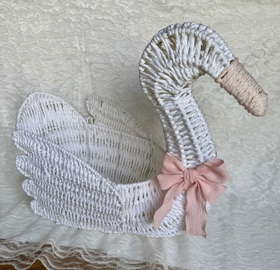 White Wicker Swan Basket Cottagecore Nursery Decor Easter Centerpiece
