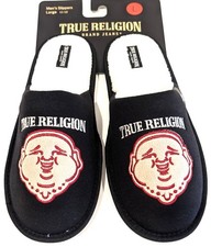 True Religion Mens Buddha Head Fleece Scuff Slippers Black House Size L New