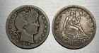 1854 Liberty Seated Quarter  XF+ Extra Fine Choice Original + 1913-D Barber 25c