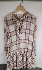 Promesa Plaid Dress- size S-, front tie, ruffle, cuff sleeve, beige, burgundy