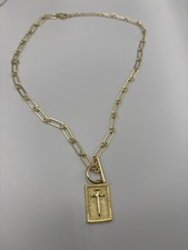 Gold Tone Paperclip Chain Necklace Toggle Cross Pendant Modern Trendy