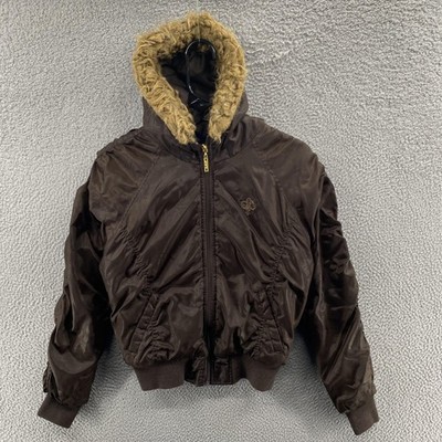 South Pole Jacket Women Small Brown Hooded Bomber Faux Fur Trim Puffer