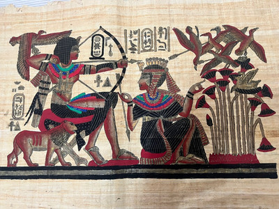 King Tut & Queen Hunting - Authentic Egyptian Papyrus Hand-Painted