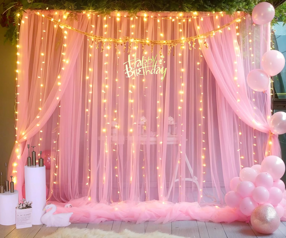 Pink Tulle Backdrop Curtains with Lights String for Parites 10Ft