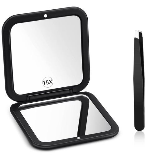 Travel Compact Magnifying Mirror with Tweezers, 1X/15X Magnification 3.35'' x...