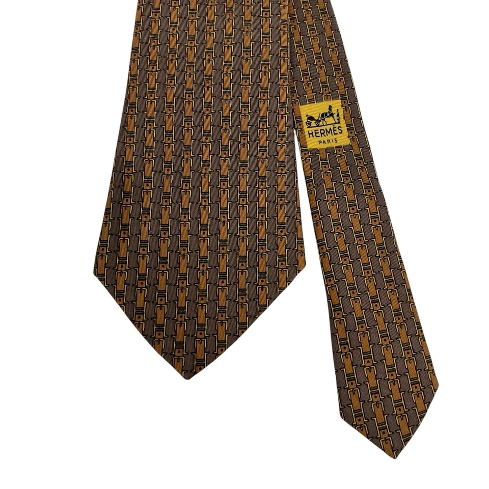 Hermes Hombre Corbata Ecuestre Cinturón Hebilla "H" Logo Marrón Seda 722 FA 3 1/8" x 54" Foto 2 de 4