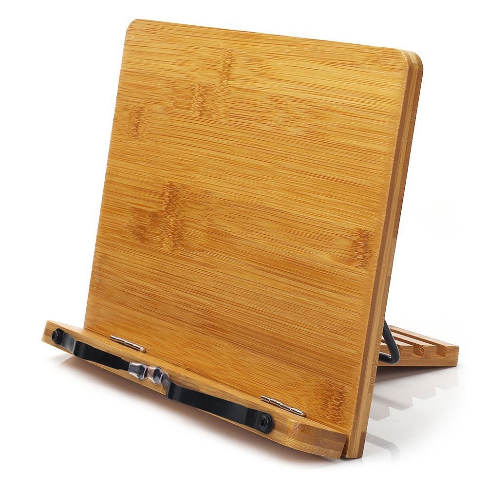 Bamboo Book Stand Adjustable Book Holder Tray and Page Paper Clips-Cookbook Read