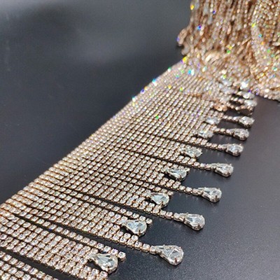 Glitter Crystal Rhinestone Tassel Fringe Chain Trim, Sparkle Diamante Decor for