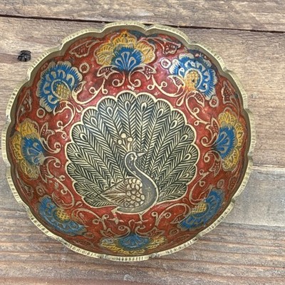 Vintage massiv Messing Emaille Fuß handbemalt Pfau Schmuck Schale 237 U