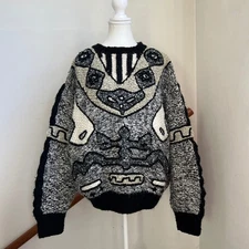 Vintage 3D Knit Intarsia Chunky Avant Garde Sweater Mohair Abstract Patterned