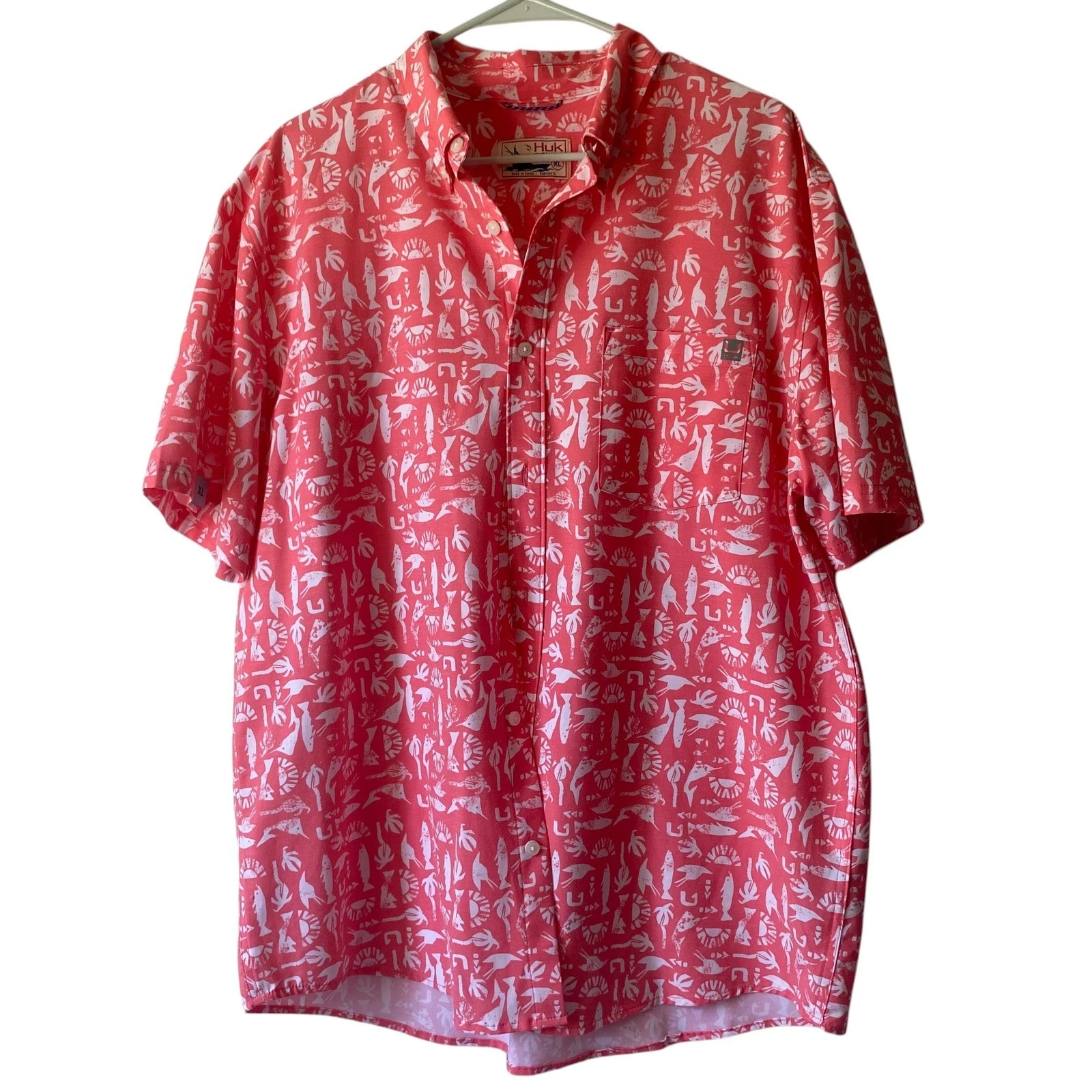 Huk Performance Button Up Fishing Shirt Nautical Fish Pink Coral Graphic Men XL
