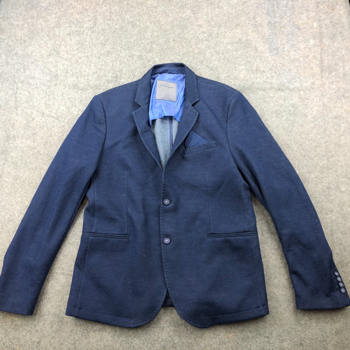 ZARA Blazer Mens 46 Blue Solid Coat Sports Jacket Pocket Square